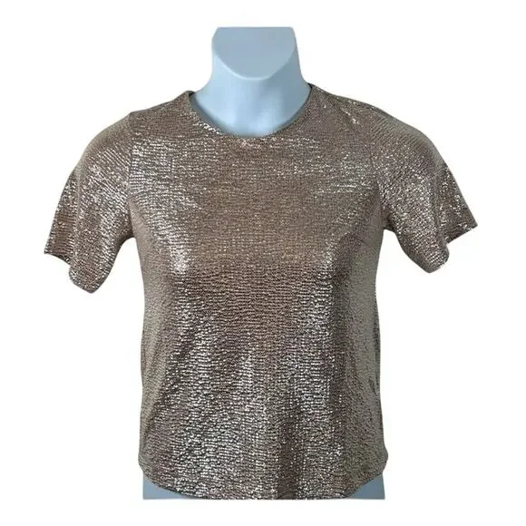 Monteau Champagne Metallic Textured Short Sleeve Top Size Small NWT - Picture 2 of 15